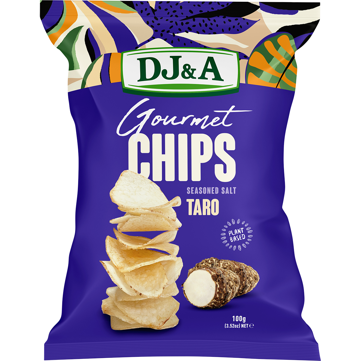 Pack of 5 DJ&A Seasoned Salt Taro Chips 100g bags featuring a natural, crunchy plant-based snack on a white background.