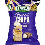 Pack of 5 DJ&A Seasoned Salt Taro Chips 100g bags featuring a natural, crunchy plant-based snack on a white background.