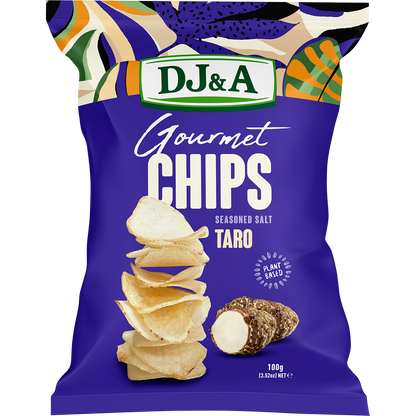 Pack of 5 DJ&A Seasoned Salt Taro Chips 100g bags featuring a natural, crunchy plant-based snack on a white background.