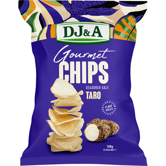 Pack of 5 DJ&A Seasoned Salt Taro Chips 100g bags featuring a natural, crunchy plant-based snack on a white background.