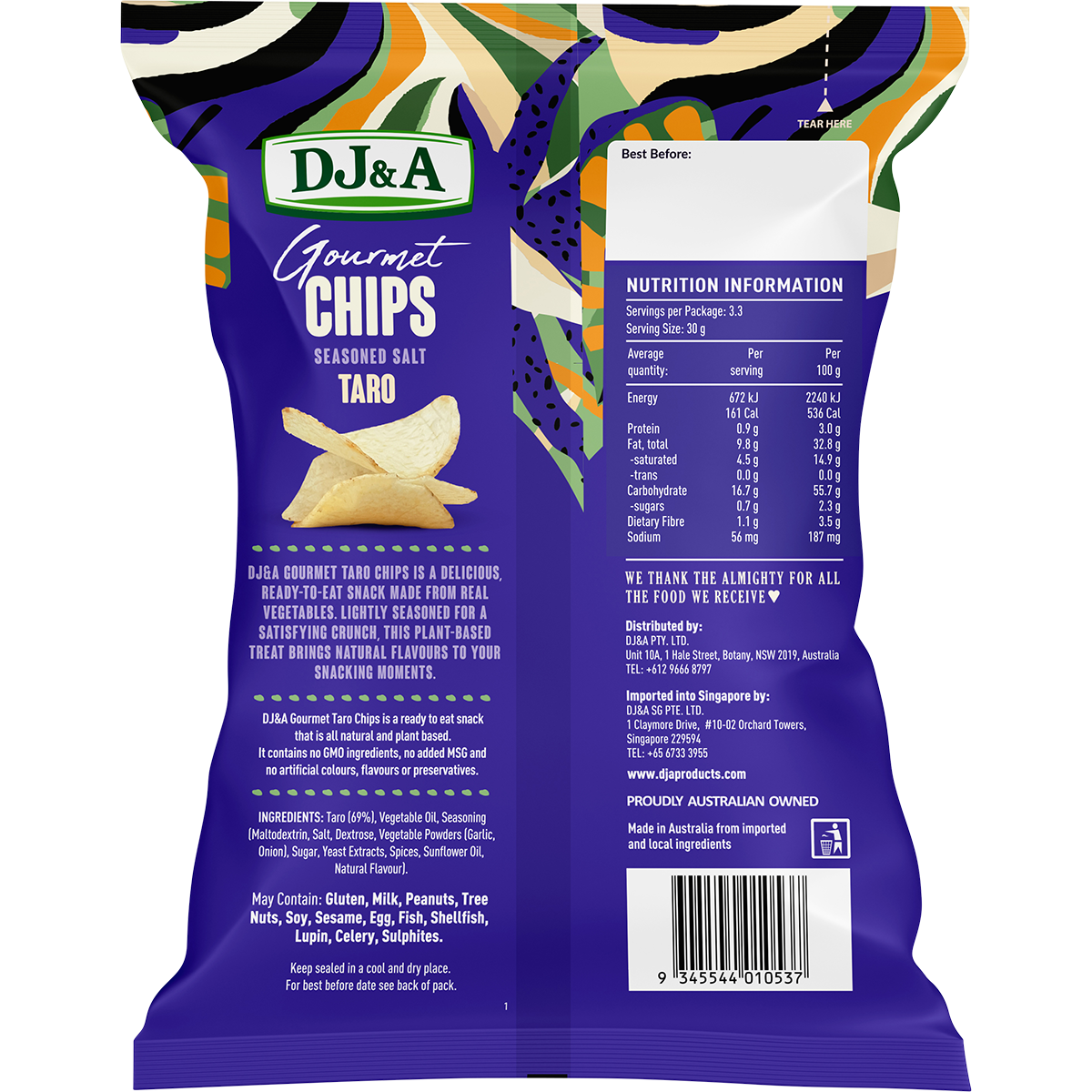 Back of DJ&A Taro Seasoned Salt 100g bag with nutrition facts, ingredients list, and product certifications.