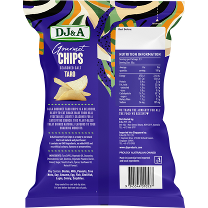 Back of DJ&A Taro Seasoned Salt 100g bag with nutrition facts, ingredients list, and product certifications.