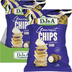 Pack of 5 DJ&A Seasoned Salt Taro Chips 100g bags with a single open bag and chips on a white background.