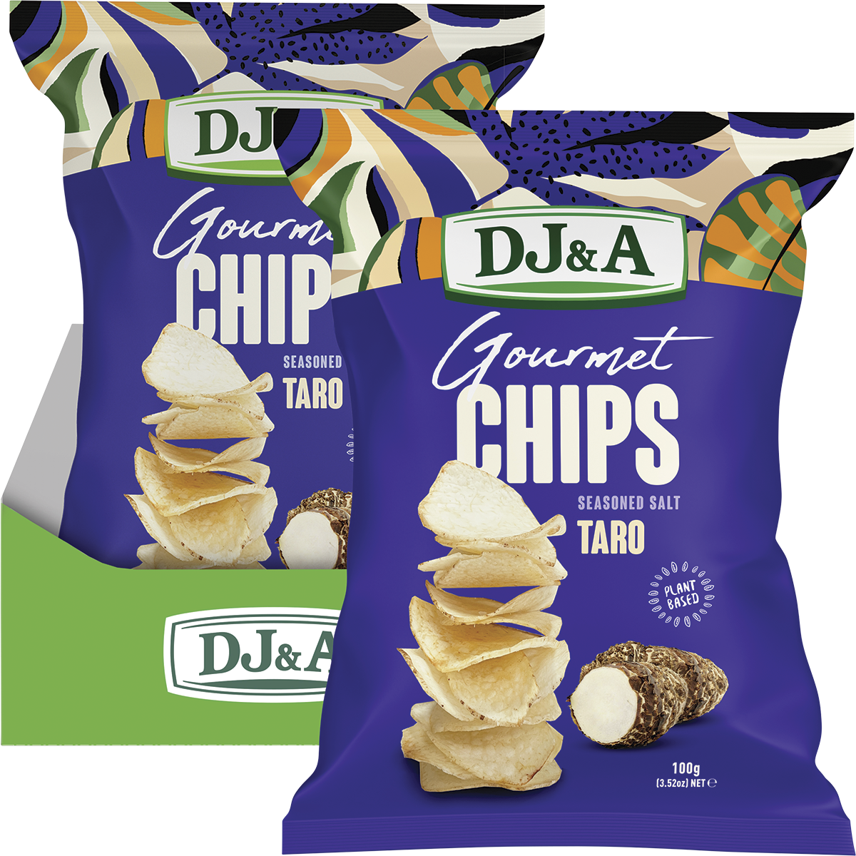 Pack of 5 DJ&A Seasoned Salt Taro Chips 100g bags with a single open bag and chips on a white background.