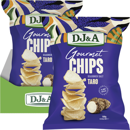 Pack of 5 DJ&A Seasoned Salt Taro Chips 100g bags with a single open bag and chips on a white background.