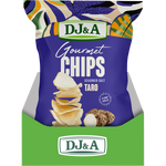 Retail display box containing five 100g packs of DJ&A Seasoned Salt Taro Chips on a white background.