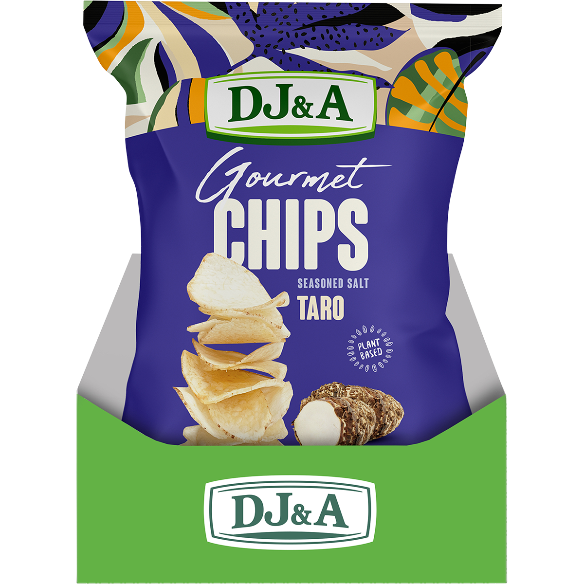 Retail display box containing five 100g packs of DJ&A Seasoned Salt Taro Chips on a white background.