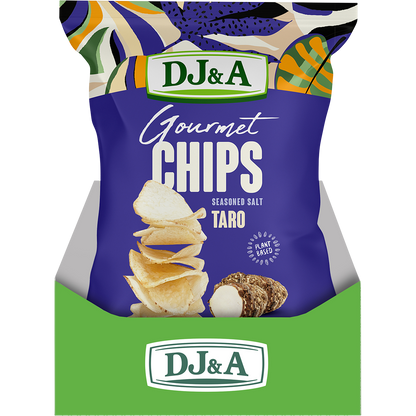 Retail display box containing five 100g packs of DJ&A Seasoned Salt Taro Chips on a white background.
