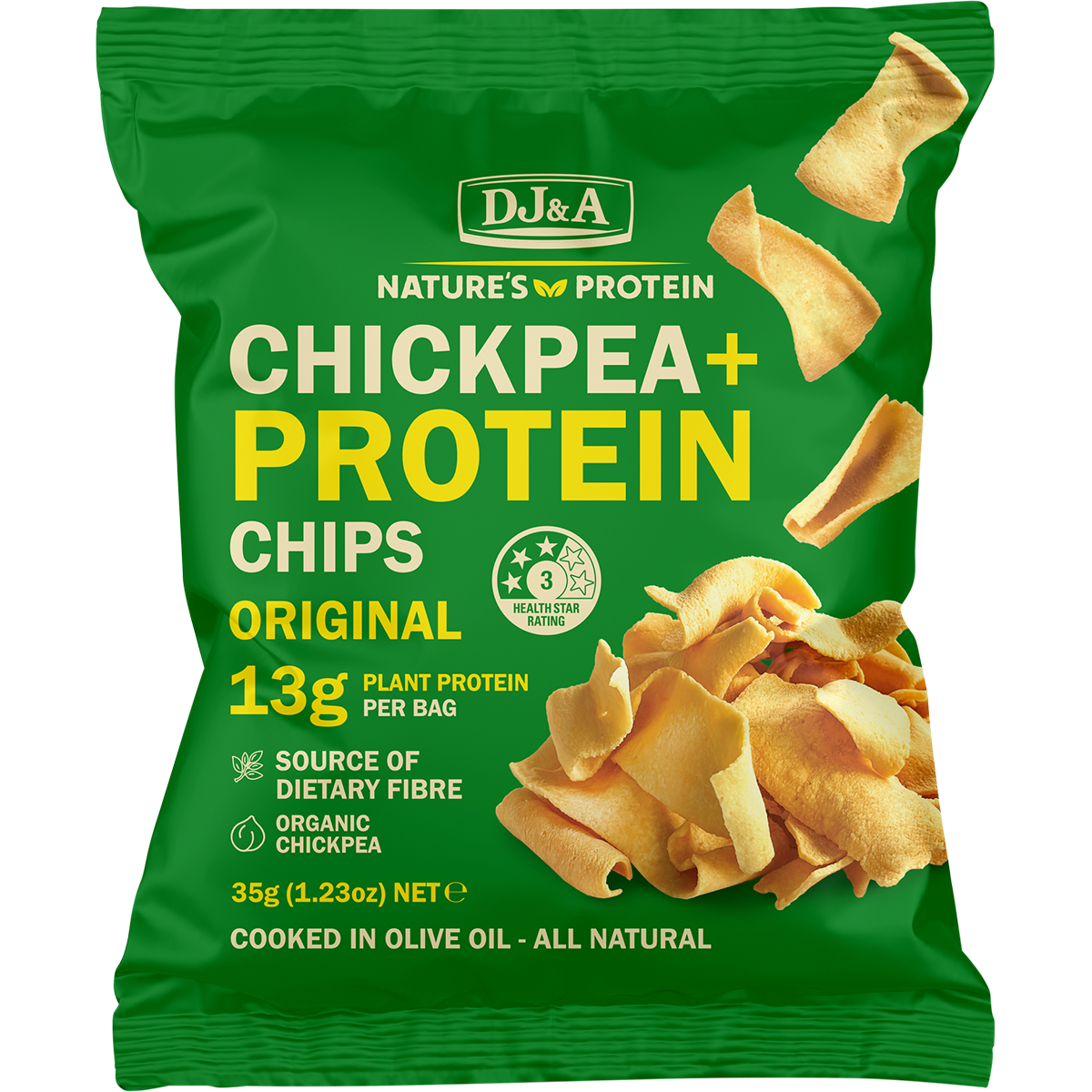 Yellow bag of DJ&A Chickpea + Protein Chips Original 9x35g with a photo of golden, crunchy chips.