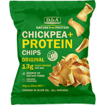 Yellow bag of DJ&A Chickpea + Protein Chips Original 9x35g with a photo of golden, crunchy chips.