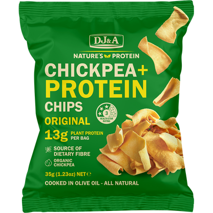 Yellow bag of DJ&A Chickpea + Protein Chips Original 9x35g with a photo of golden, crunchy chips.
