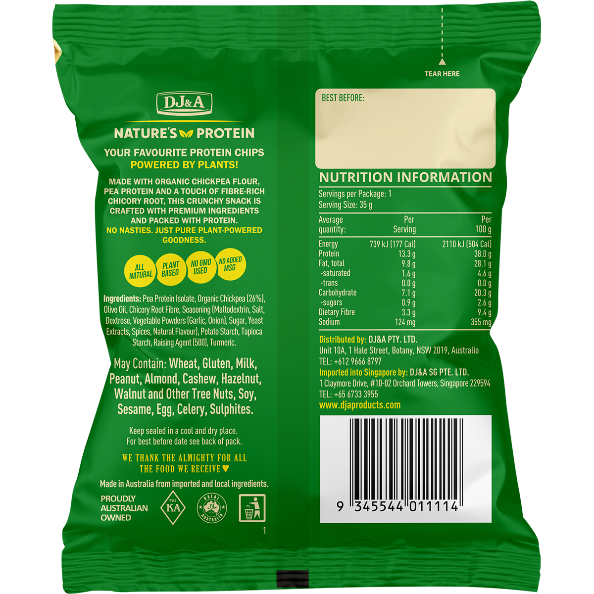 Back of yellow DJ&A Chickpea + Protein Chips bag showing ingredients, nutrition facts, and barcode.