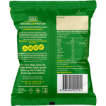 Back of yellow DJ&A Chickpea + Protein Chips bag showing ingredients, nutrition facts, and barcode.