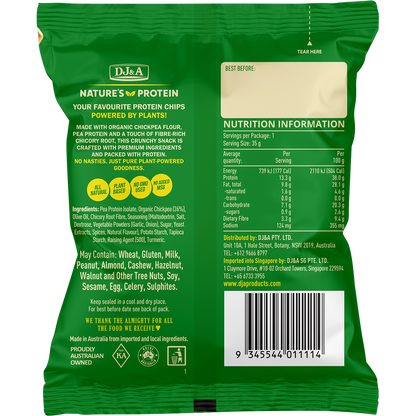 Back of yellow DJ&A Chickpea + Protein Chips bag showing ingredients, nutrition facts, and barcode.