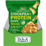 Yellow display box containing multiple bags of DJ&A Original Chickpea + Protein Chips on a white background.