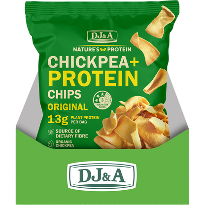 Yellow display box containing multiple bags of DJ&A Original Chickpea + Protein Chips on a white background.