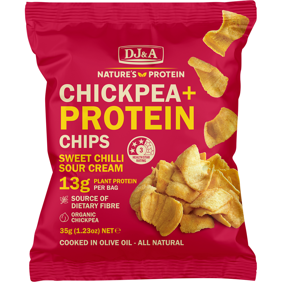 Bag of DJ&A Chickpea + Protein Chips Sweet Chilli & Sour Cream with a picture of chips, 9x35g.