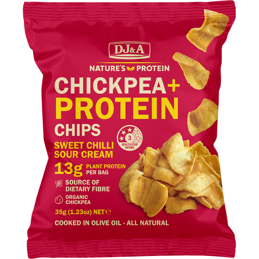 Bag of DJ&A Chickpea + Protein Chips Sweet Chilli & Sour Cream with a picture of chips, 9x35g.