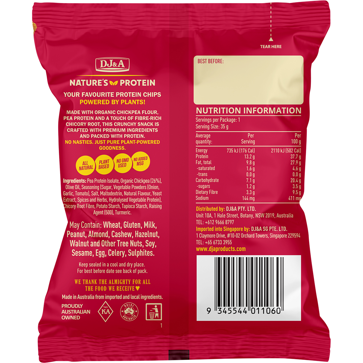 Back of DJ&A Sweet Chilli & Sour Cream Chickpea Chips bag showing ingredients and nutritional information.