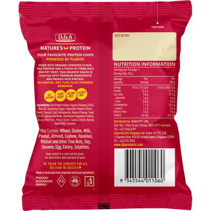 Back of DJ&A Sweet Chilli & Sour Cream Chickpea Chips bag showing ingredients and nutritional information.
