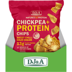Open cardboard display box containing several 35g bags of DJ&A Sweet Chilli & Sour Cream Chickpea + Protein Chips.