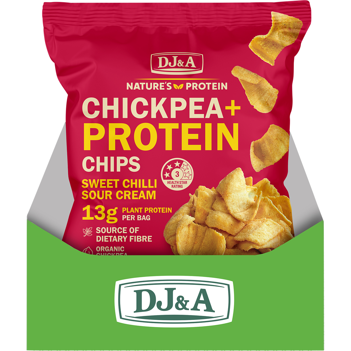 Open cardboard display box containing several 35g bags of DJ&A Sweet Chilli & Sour Cream Chickpea + Protein Chips.
