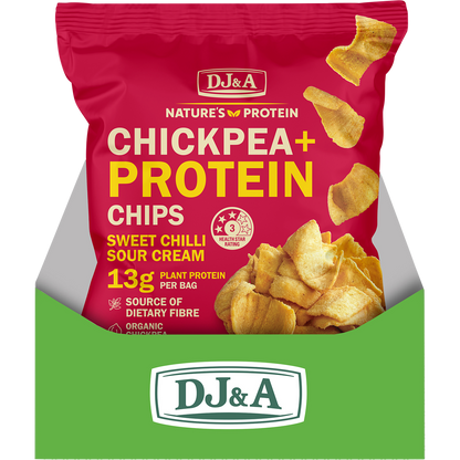 Open cardboard display box containing several 35g bags of DJ&A Sweet Chilli & Sour Cream Chickpea + Protein Chips.