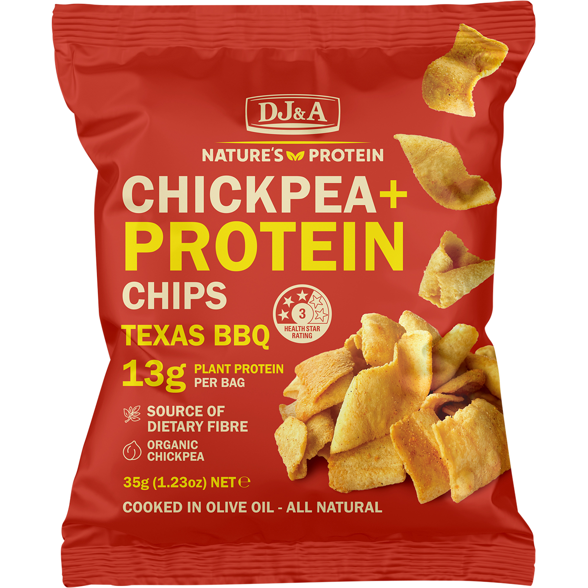 9x35g pack of DJ&A Chickpea + Protein Chips Texas BBQ with a dark bag featuring a Texas flag and orange accents.