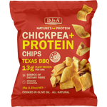 9x35g pack of DJ&A Chickpea + Protein Chips Texas BBQ with a dark bag featuring a Texas flag and orange accents.