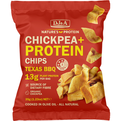 9x35g pack of DJ&A Chickpea + Protein Chips Texas BBQ with a dark bag featuring a Texas flag and orange accents.
