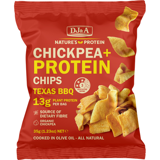 9x35g pack of DJ&A Chickpea + Protein Chips Texas BBQ with a dark bag featuring a Texas flag and orange accents.