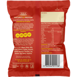 Back of DJ&A Texas BBQ Chickpea chips pack showing nutrition facts, ingredients, and plant-based protein benefits.