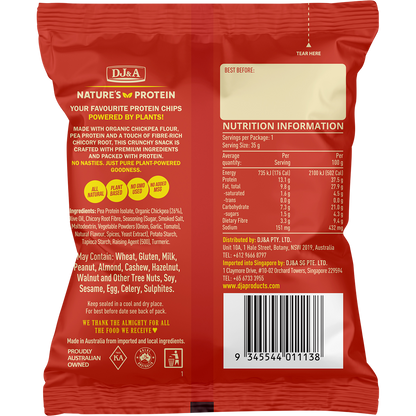 Back of DJ&A Texas BBQ Chickpea chips pack showing nutrition facts, ingredients, and plant-based protein benefits.