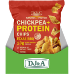 Retail display box filled with multiple 35g bags of DJ&A Texas BBQ Chickpea + Protein Chips.