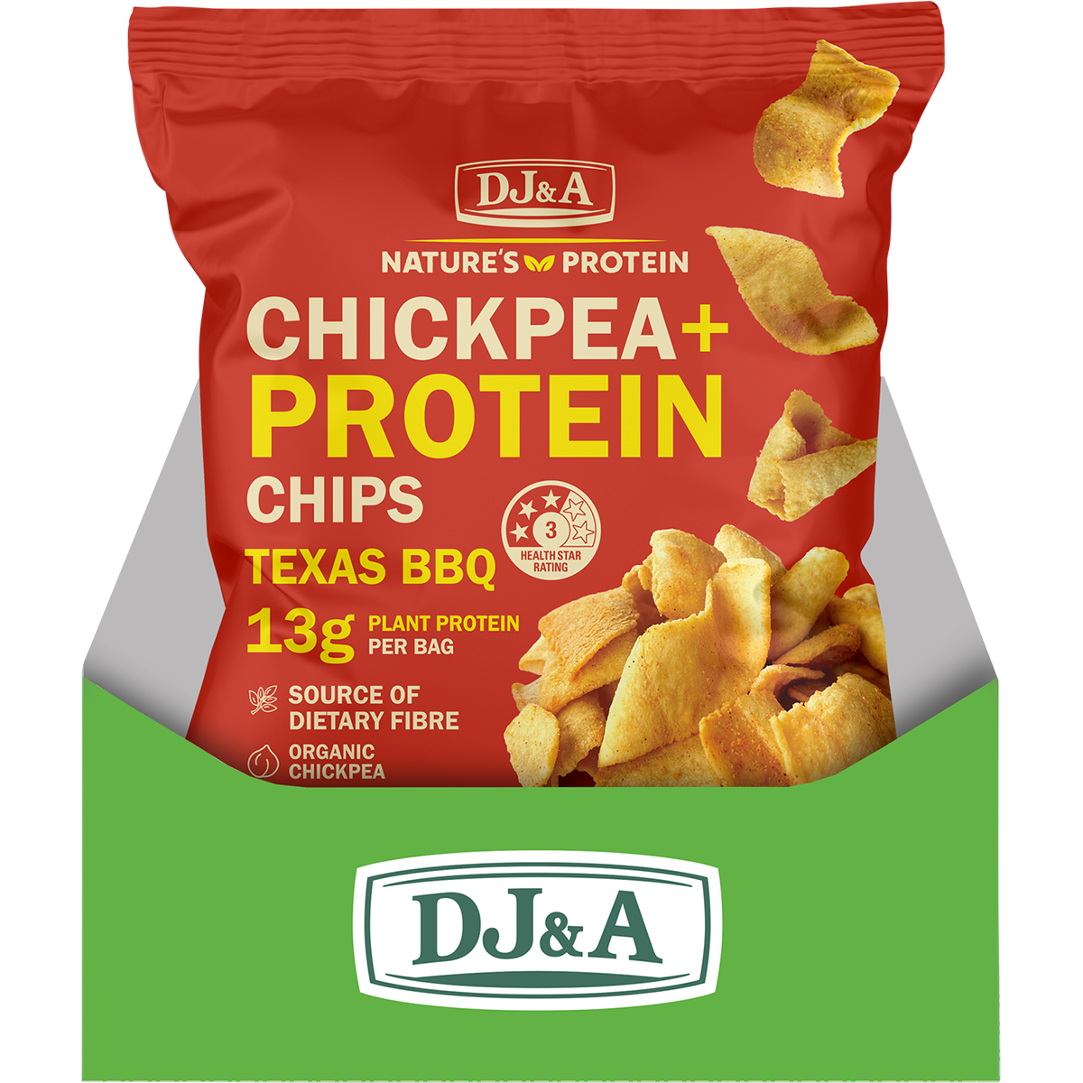 Retail display box filled with multiple 35g bags of DJ&A Texas BBQ Chickpea + Protein Chips.