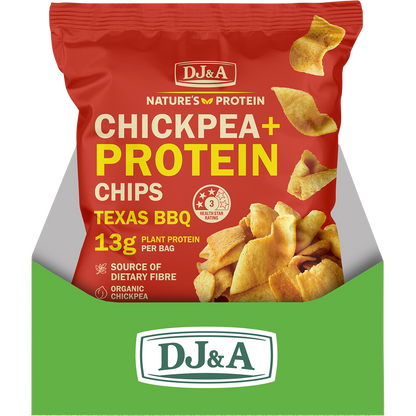 Retail display box filled with multiple 35g bags of DJ&A Texas BBQ Chickpea + Protein Chips.