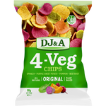 Green bag of DJ&A 4-VEG Chips Original 90g featuring images of spinach, sweet potato, pumpkin, and beetroot.