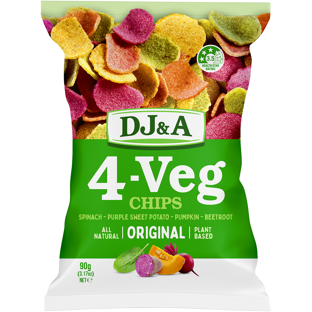 Green bag of DJ&A 4-VEG Chips Original 90g featuring images of spinach, sweet potato, pumpkin, and beetroot.