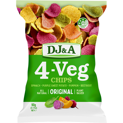 Green bag of DJ&A 4-VEG Chips Original 90g featuring images of spinach, sweet potato, pumpkin, and beetroot.
