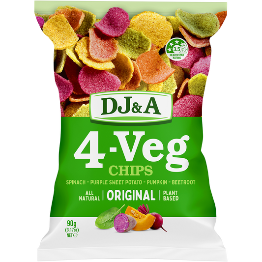 Green bag of DJ&A 4-VEG Chips Original 90g featuring images of spinach, sweet potato, pumpkin, and beetroot.
