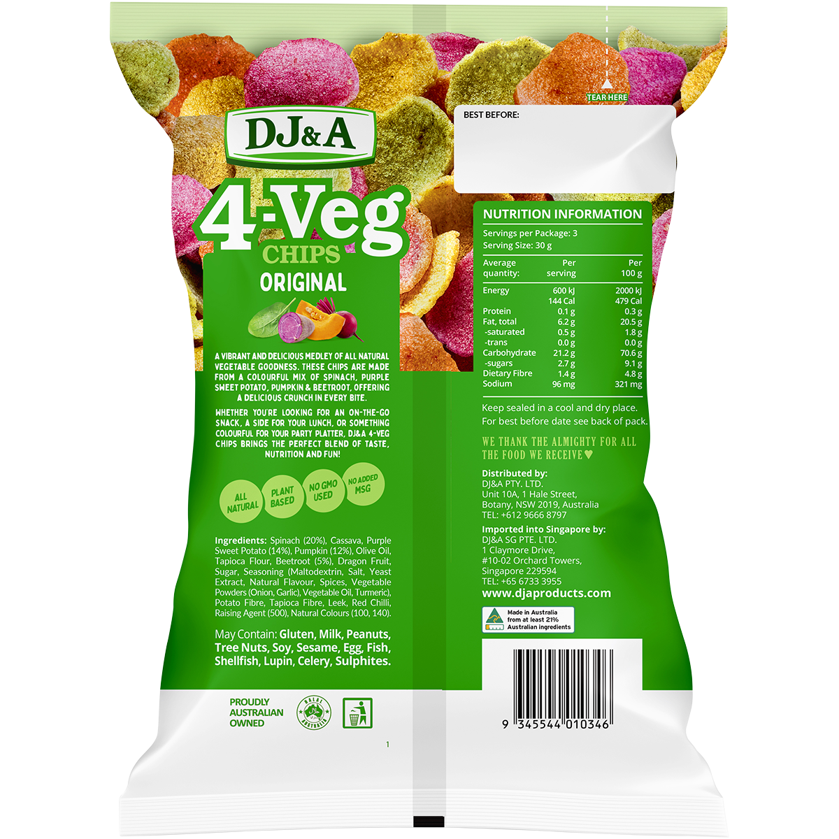 Back of a DJ&A 4-VEG Chips bag showing nutritional information, ingredients, and plant-based certifications.