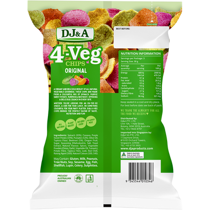 Back of a DJ&A 4-VEG Chips bag showing nutritional information, ingredients, and plant-based certifications.