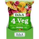 Retail display box containing five 90g bags of DJ&A 4-VEG Chips Original with green packaging and vegetable illustrations.