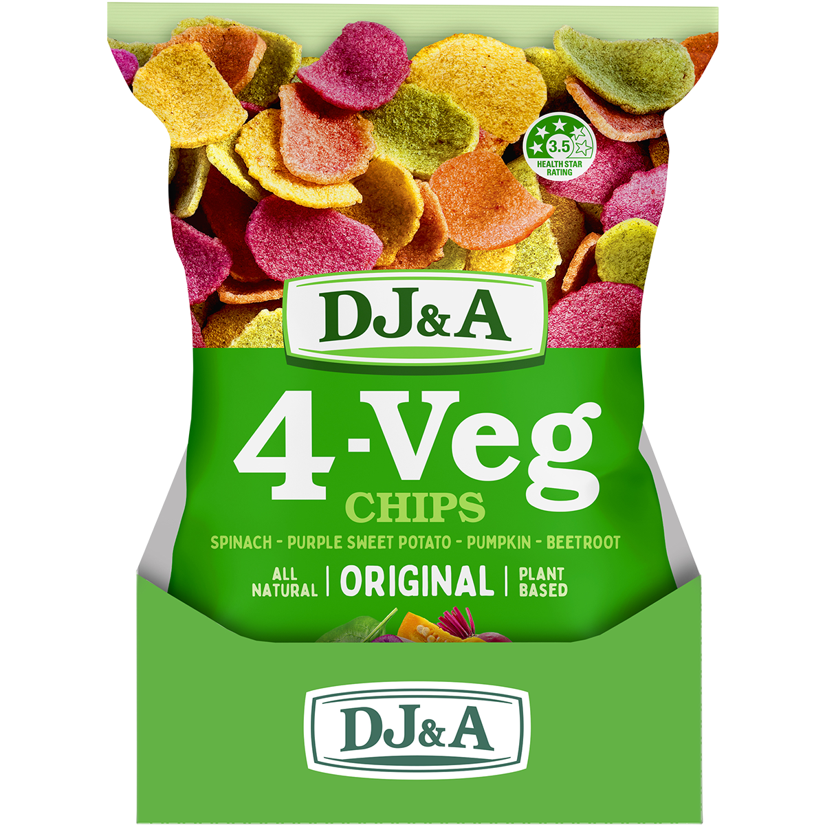 Retail display box containing five 90g bags of DJ&A 4-VEG Chips Original with green packaging and vegetable illustrations.