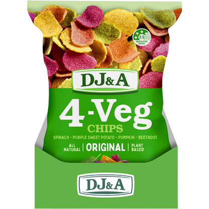 Retail display box containing five 90g bags of DJ&A 4-VEG Chips Original with green packaging and vegetable illustrations.