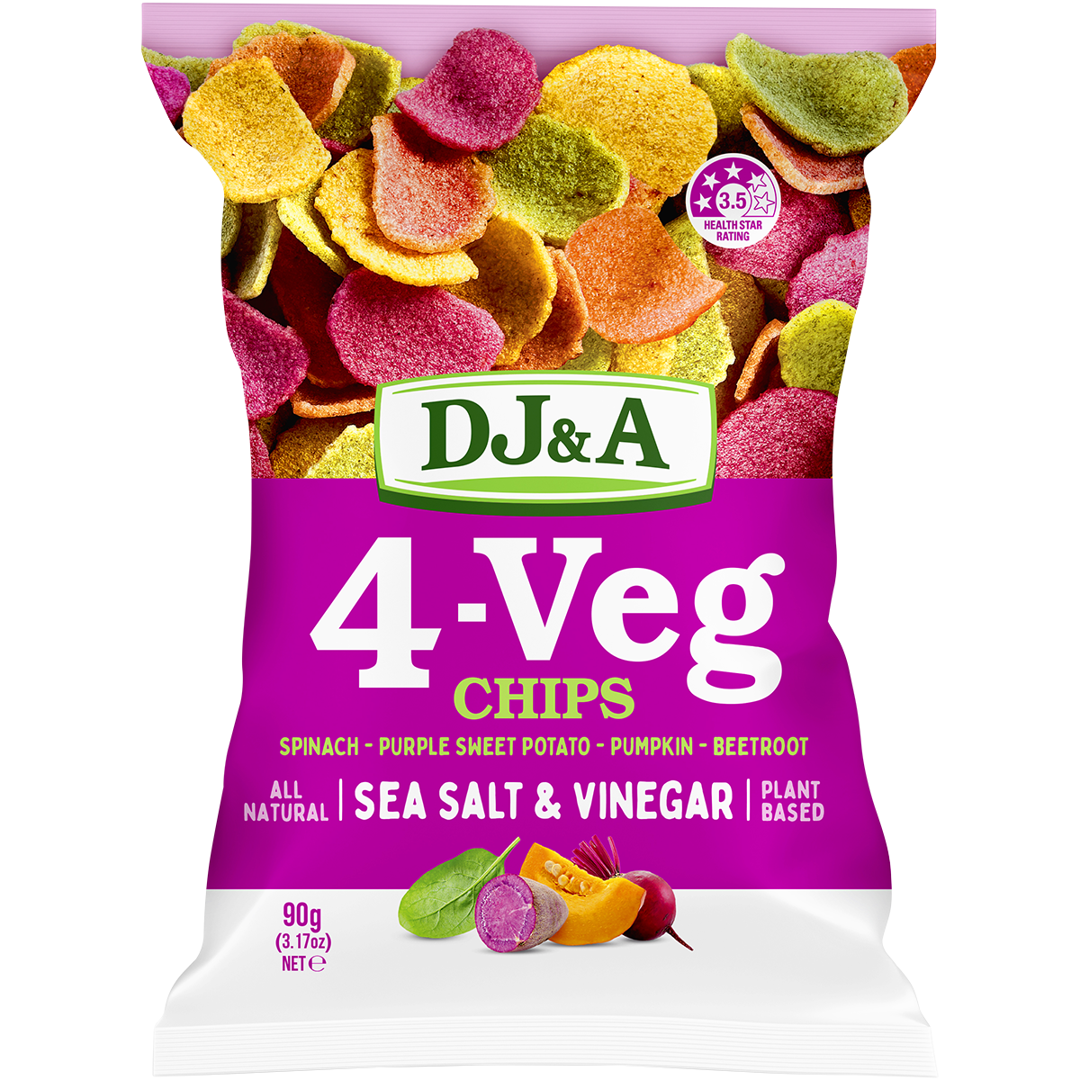 90g bag of DJ&A Salt & Vinegar 4-VEG Chips, featuring a vibrant purple and green design with images of vegetable slices.