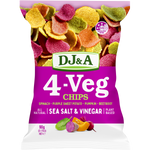 90g bag of DJ&A Salt & Vinegar 4-VEG Chips, featuring a vibrant purple and green design with images of vegetable slices.