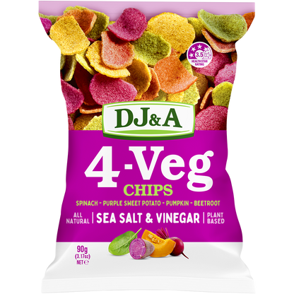 90g bag of DJ&A Salt & Vinegar 4-VEG Chips, featuring a vibrant purple and green design with images of vegetable slices.