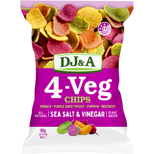 90g bag of DJ&A Salt & Vinegar 4-VEG Chips, featuring a vibrant purple and green design with images of vegetable slices.