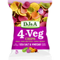 90g bag of DJ&A Salt & Vinegar 4-VEG Chips, featuring a vibrant purple and green design with images of vegetable slices.